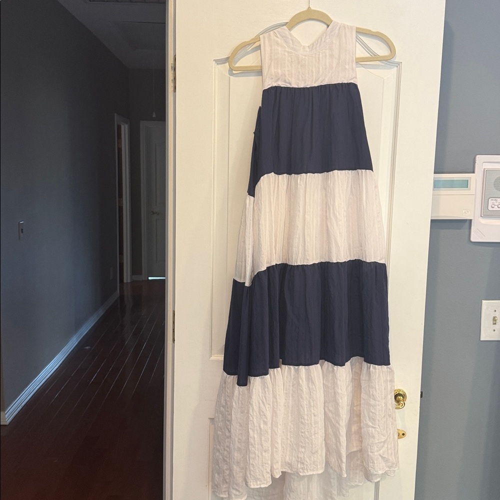 Navy and White Sleeveless Maxi Dress